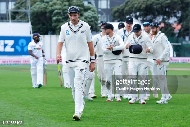 Tim Southee of New Zealand leads his team off the field after taking the win on day four of the Second Test Match between New Zealand and Sri Lanka...