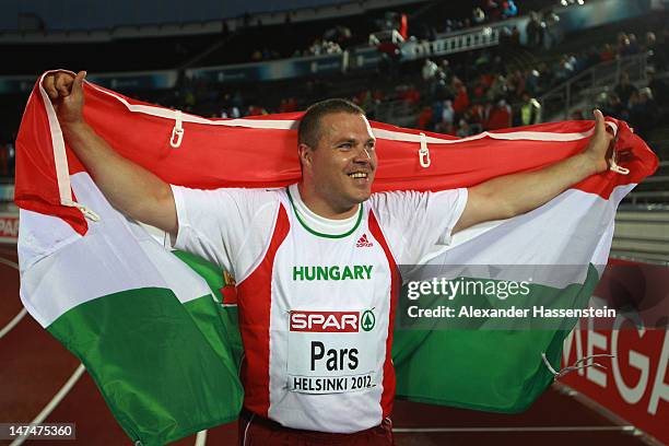 Krisztian Pars of Hungary celebrates victory in the Men's Hammer Final during day four of the 21st European Athletics Championships at the Olympic...
