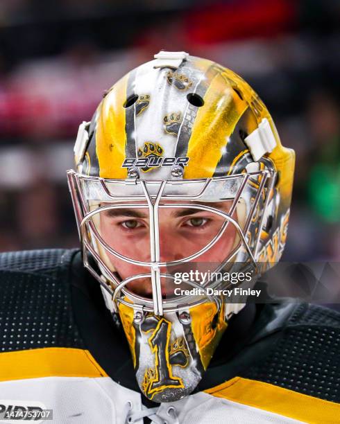 Goaltender Jeremy Swayman of the Boston Bruins looks on during a second period stoppage in play against the Winnipeg Jets at the Canada Life Centre...