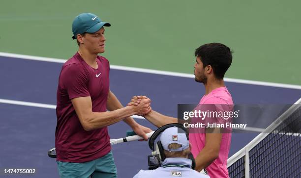 Carlos Alcaraz of Spain is congratulated by Jannik Sinner of Italy in the semi final during the BNP Paribas Open on March 18, 2023 in Indian Wells,...