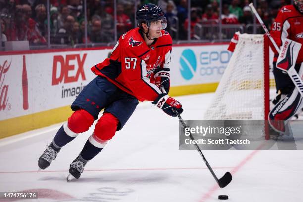 Trevor van Riemsdyk of the Washington Capitals skates with the puck against the St. Louis Blues during the first period of the game at Capital One...