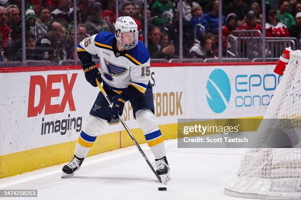 Jakub Vrana of the St. Louis Blues skates with the puck against the Washington Capitals during the first period of the game at Capital One Arena on...