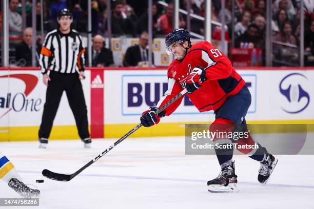 Trevor van Riemsdyk of the Washington Capitals shoots the puck against the St. Louis Blues during the second period of the game at Capital One Arena...