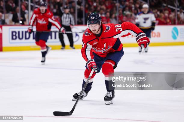 Rasmus Sandin of the Washington Capitals in action against the St. Louis Blues during the third period of the game at Capital One Arena on March 17,...