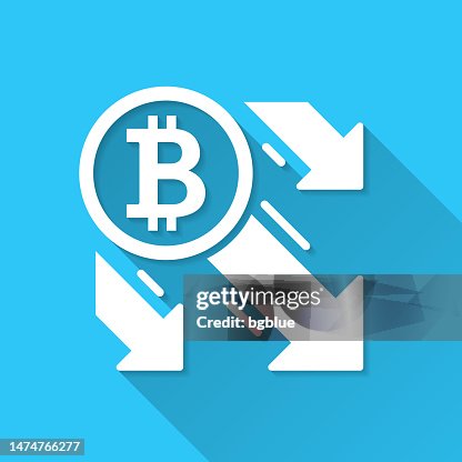 Bitcoin decrease. Icon on blue background - Flat Design with Long Shadow Bitcoin decrease. Icon on blue background - Flat Design with Long Shadow