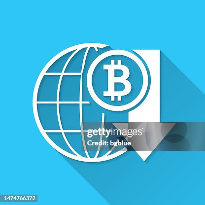 Bitcoin rate decrease. Icon on blue background - Flat Design with Long Shadow Bitcoin rate decrease. Icon on blue background - Flat Design with Long Shadow