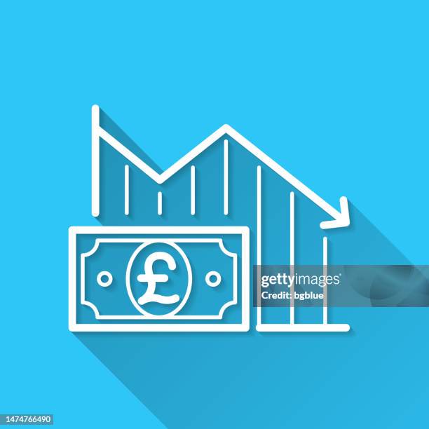 declining graph with pound banknote. icon on blue background - flat design with long shadow - pound notes falling stock illustrations