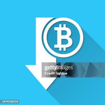 Bitcoin decrease. Icon on blue background - Flat Design with Long Shadow Bitcoin decrease. Icon on blue background - Flat Design with Long Shadow