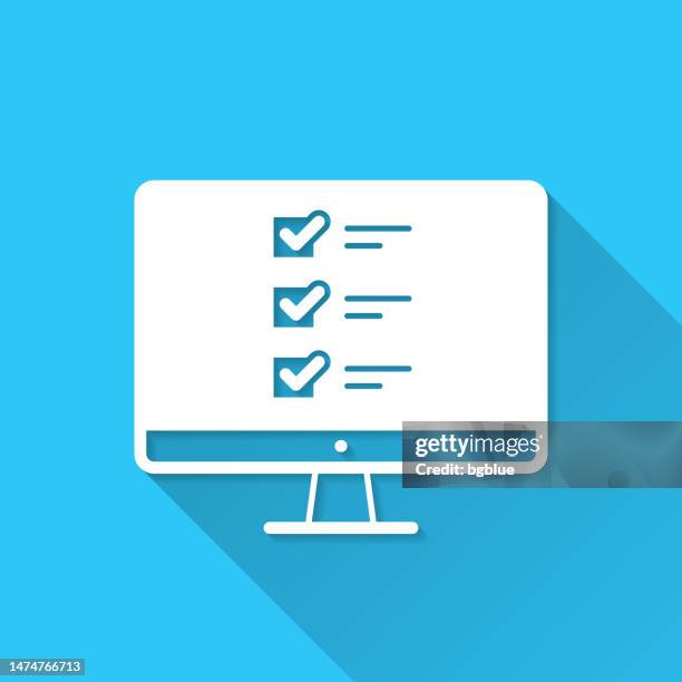 desktop computer with checklist. icon on blue background - flat design with long shadow - using desktop computer at home stock illustrations