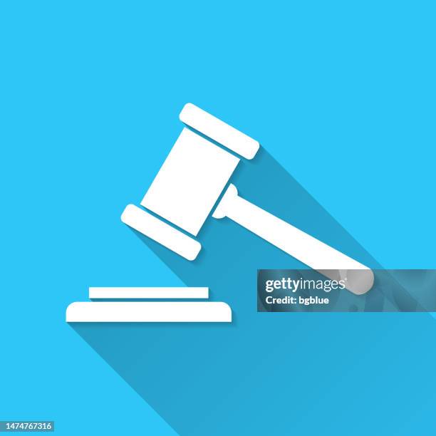 judge gavel. icon on blue background - flat design with long shadow - bid vector stock illustrations