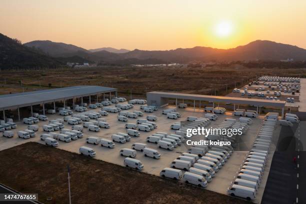 rows of electric pickup trucks parked in a parking lot at sunset - tesla truck stock pictures, royalty-free photos & images