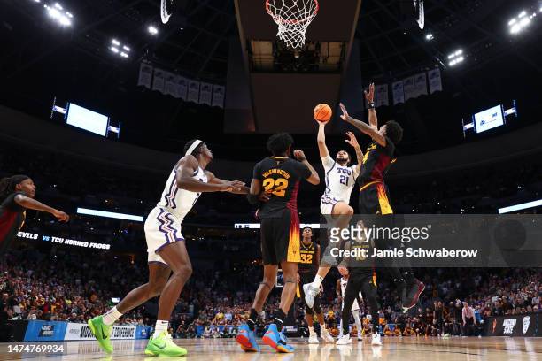 JaKobe Coles of the TCU Horned Frogs shoots the game winning shot against the Arizona State Sun Devils during the first round of the 2023 NCAA Men's...