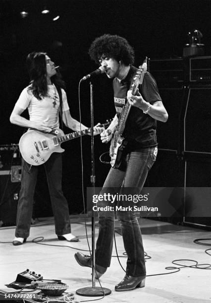 Thin Lizzy guitarist Gary Moore and singer Phil Lynott during The Midnight Special rehearsal at NBC Studios, Burbank, CA on October 24, 1976.