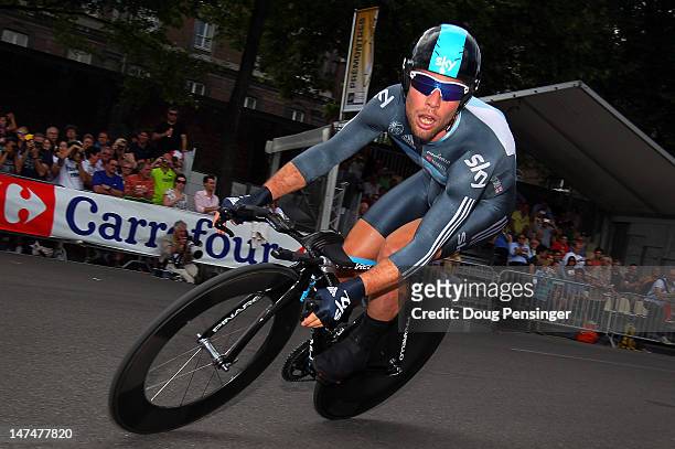 Mark Cavendish of Great Britain riding for Sky Procycling races to 41st place in the prologue of the 2012 Tour de France on June 30, 2012 in Liege,...