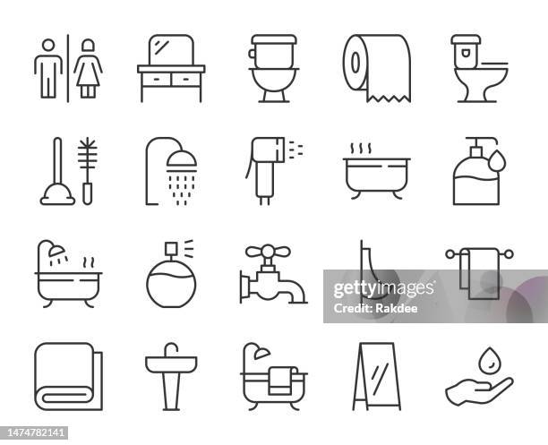 ilustraciones, imágenes clip art, dibujos animados e iconos de stock de bañera y baño - iconos de línea luminosa - escobilla de baño