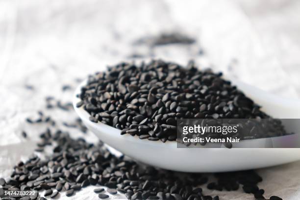 close-up of black sesame seeds in a white ceramic spoon against white background - sesamfrö bildbanksfoton och bilder