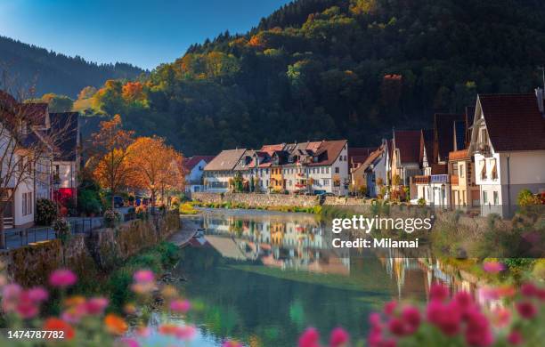 river kinzig in wolfach and waterfront houses in kinzigtal valley, daytime, black forest, fall season - black forest germany stock pictures, royalty-free photos & images