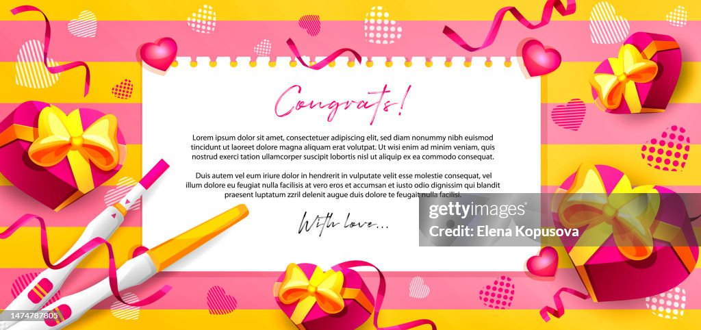 Concept of pregnancy planning in cartoon style. Positive pregnancy test with two stripes and a gift with hearts on an abstract colored striped background with space for text.