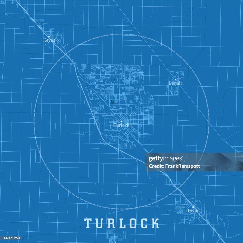 Turlock CA City Vector Road Map Blue Text