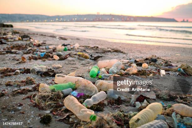 weggeworfener plastikmüll am strand bei sonnenuntergang. umweltverschmutzung und ökologische probleme - plastikmüll stock-fotos und bilder