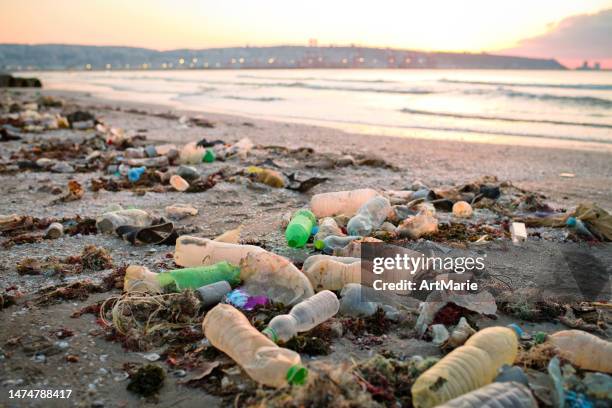 weggeworfener plastikmüll am strand bei sonnenuntergang. umweltverschmutzung und ökologische probleme - plastic waste stock-fotos und bilder