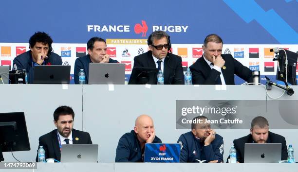 Team France staff; Karim Ghezal, Laurent Labit, head coach Fabien Galthie, general manager Raphael Ibanez, below defense coach Shaun Edwards during...