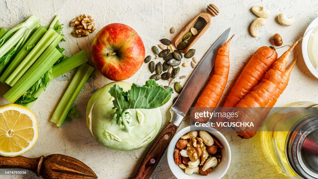 Seasonal salad ingredients for winter season, top view. Healthy food