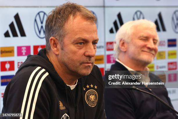 Hans-Dieter Flick, head coach of the German National Team attends with Rudi Völler, DFB Sporting Director a press conference at DFB-Campus on March...