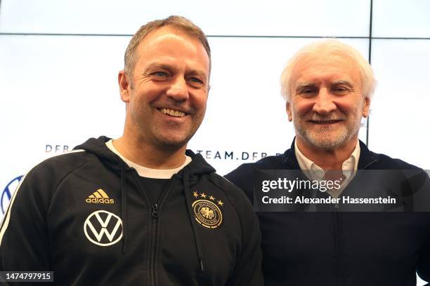 Hans-Dieter Flick, head coach of the German National Team arrives with Rudi Völler, DFB Sporting Director for a press conference at DFB-Campus on...