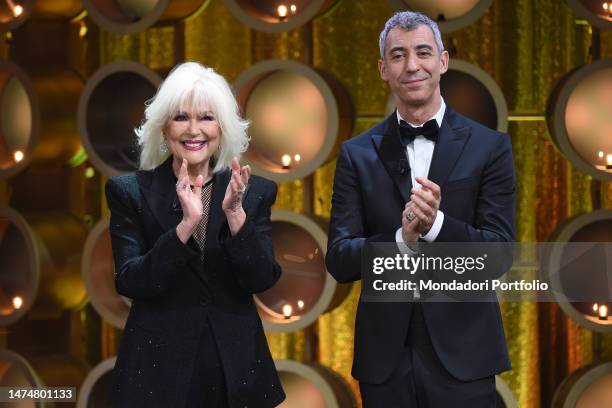 Italian tv host Loretta Goggi and the italian actor Paolo Kessisoglu during the second episode of the tv broadcast Benedetta Primavera at Rai Dear...