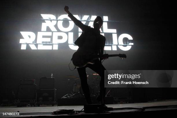 Singer Adam Grahn of the band Royal Republic performs live in support of Blink 182 during a concert at the Max-Schmeling-Halle on June 30, 2012 in...