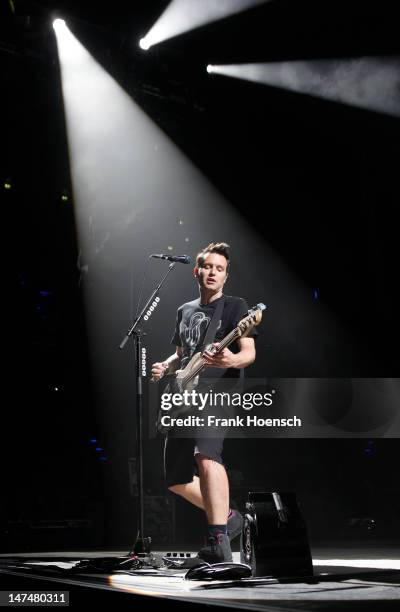 Singer Mark Hoppus of the band Blink 182 performs live during a concert at the Max-Schmeling-Halle on June 30, 2012 in Berlin, Germany.