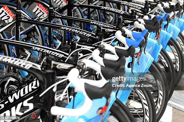 Saxo Bank bikes during the Prologue of the Tour de France on June 30, 2012 in Liege, Belgium.