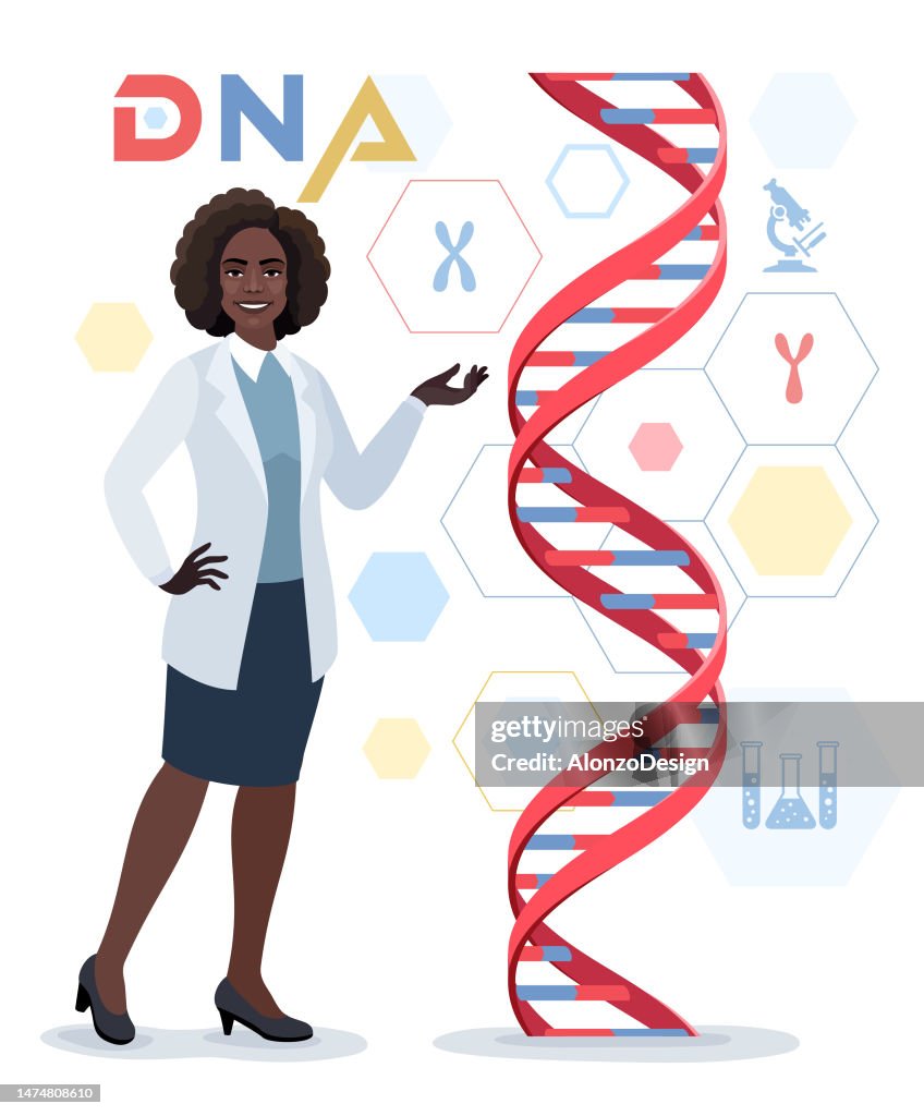 African-American Female Doctor character showing DNA Spiral Model. Medical laboratory concept. Medical laboratory concept.
