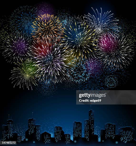bildbanksillustrationer, clip art samt tecknat material och ikoner med fireworks with city skyline - fyrverkeri