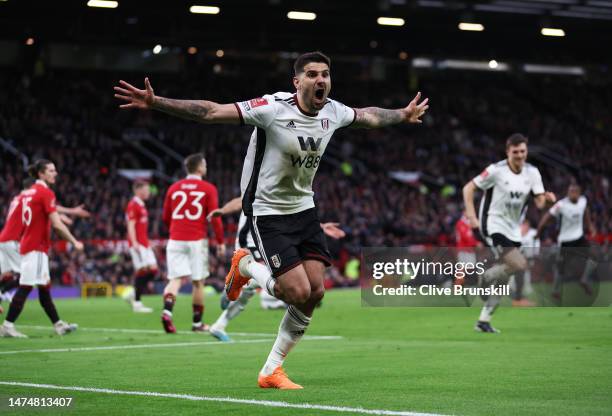 Aleksandar Mitrovic of Fulham celebrates after scoring the team's first goal during the Emirates FA Cup Quarter Final match between Manchester United...