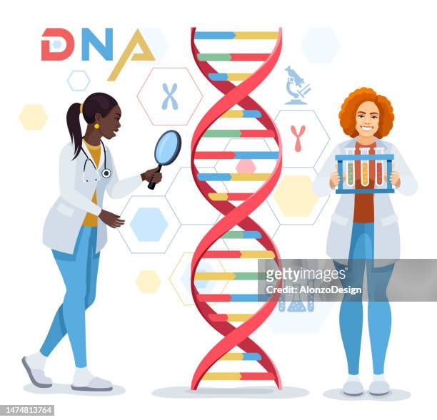 african-american female doctor character are testing dna with magnifier. scientist with a test tube. medical laboratory concept. medical laboratory concept. - ginger glasses stock illustrations