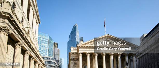 low angle view of skyscrapers in london - banking stock pictures, royalty-free photos & images