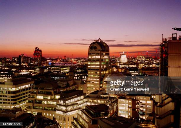 elevated view of skyscrapers in london looking west - dusk stock pictures, royalty-free photos & images