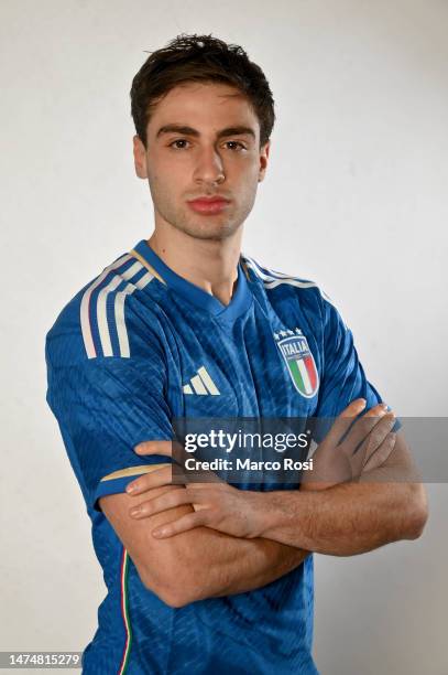 Gaetano Pio Oristanio of Italy U 21 poses during the Italy U21 portrait session on March 20, 2023 in Rome, Italy.