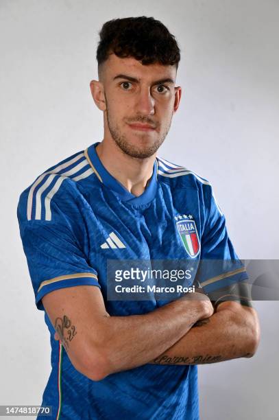 Matteo Ruggeri of Italy U21 poses during the Italy U21 portrait session on March 20, 2023 in Rome, Italy.