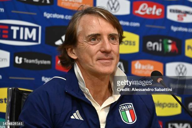 Roberto Mancini head coach of Italy speaks during the press conference at Centro Tecnico Federale di Coverciano on March 20, 2023 in Florence, Italy.