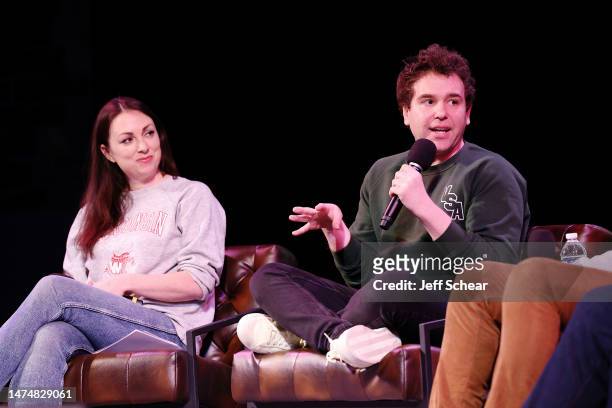 Erin Ryan and Jon Lovett speak onstage during the live taping of "Pod Save America," hosted by WisDems at the Barrymore Theater on March 18, 2023 in...