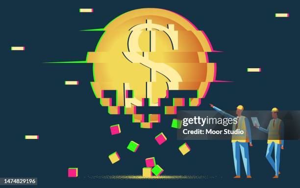 ilustraciones, imágenes clip art, dibujos animados e iconos de stock de fijación de dos ingenierosdólar glitching - reinicio