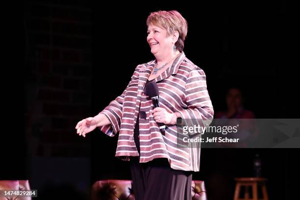 Judge Janet Protasiewicz onstage during the live taping of "Pod Save America," hosted by WisDems at the Barrymore Theater on March 18, 2023 in...