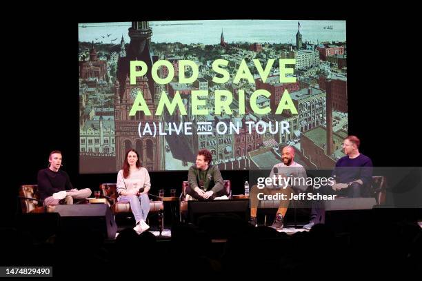 Jon Favreau, Erin Ryan, Jon Lovett, Mandela Barnes and Ben Wikler speak onstage during the live taping of "Pod Save America," hosted by WisDems at...