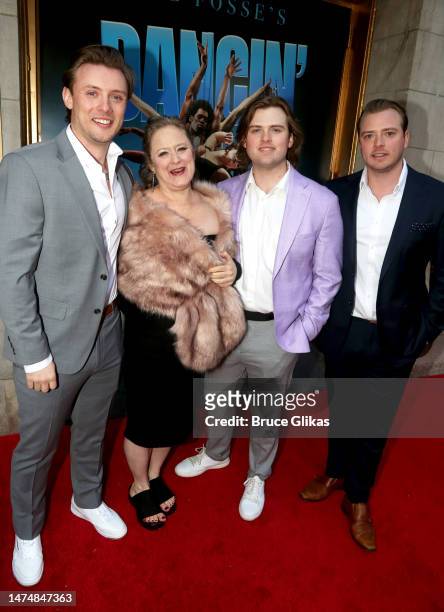 Sean Fosse, Nicole Fosse, Leif Fosse and Noah Fosse pose at the opening night of "Bob Fosse's "Dancin'" on Broadway at The Music Box Theatre on March...