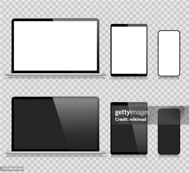 realistic vector mockup digital tablet, mobile phone, smart phone, laptop and computer monitor. transparent background. modern digital devices. eps 10. - liquid crystal display stock illustrations stock illustrations