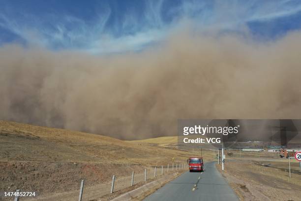 An approaching sandstorm is seen on March 20, 2023 in Zhangye, Gansu Province of China.