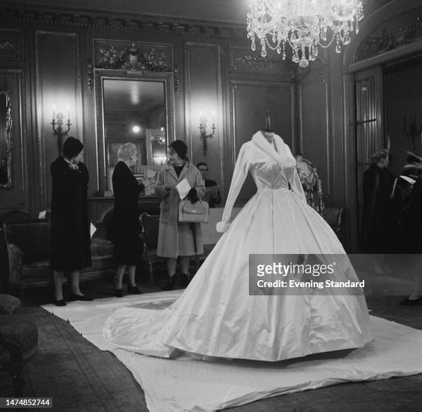 The wedding dress to be worn by Lady Pamela Mountbatten for her wedding to David Hicks the following day at Romsey Abbey in Hampshire, January 12th,...